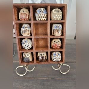 Set Of 10 Pottery Owls With Display Rack